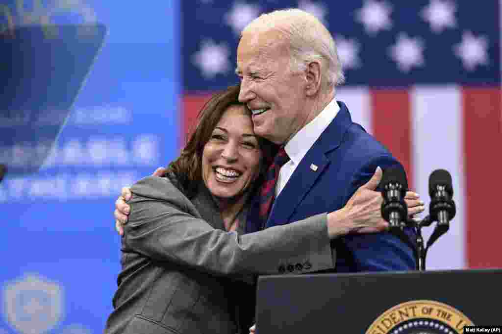 Harris embraces Biden after a speech on health care in Raleigh, North Carolina, on March 26, 2024. Harris has been increasingly prominent since Biden&#39;s faltering performance in a televised debate with Trump. &nbsp;