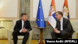 Specijalni izaslanik EU za dijalog Srbije i Kosova Miroslav Lajčak razgovara u Beogradu sa predsednikom Srbije Aleksandrom Vučićem, 5. jula 2023. 