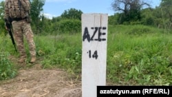 A new Armenian-Azerbaijani border post placed outside the Armenian village of Kirants, May 23, 2024.