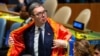 Predsednik Srbije Aleksandar Vučić tokom sednice Generalne skupštine Ujedinjenih nacija na kojoj je usvojena Rezolucija o genocidu u Srebrenici, Njujork, 23. maja 2024.