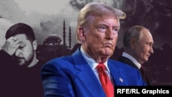 Прэзыдэнт ЗША Дональд Трамп (у цэнтры) заявіў, што можа зьявіцца і далучыцца да перамоваў паміж Украінай і Расеяй, калі яны адбудуцца 15 траўня. Пакуль толькі Зяленскі паабяцаў прысутнічаць асабіста. Уладзімір Зяленскі, Дональд Трамп, Уладзімір Пуцін (каляж)