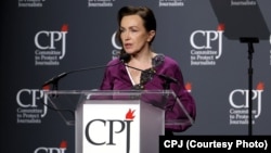 Alsu Kurmaševa na ceremenoji dodele nagrada za slobodu medija Komiteta za zaštitu novinara (CPJ), Njujork, 21. novembar 2024.