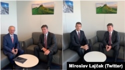 Predstavnik EU za dijalog Miroslav Lajčak u odvojenim susretima, sa predstavnikom Kosova Skenderom Hisenijem (levo) i predstavnikom Srbije Markom Đurićem (desno), Brisel