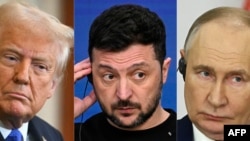 Дональд Трамп, Уладзімір Зяленскі і Ўладзімір Пуцін (зьлева направа), каляж 